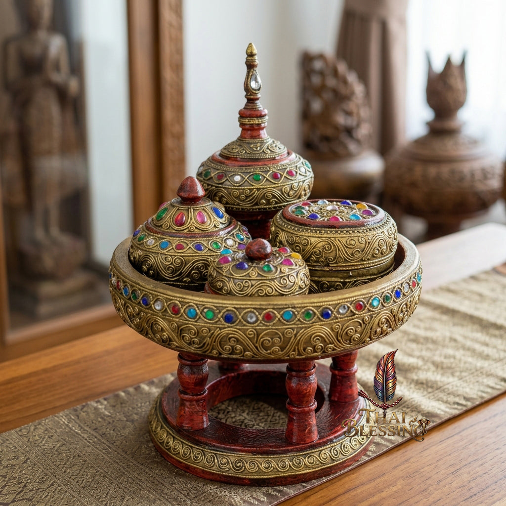 🔱 Handcrafted Traditional Thai Betel Nut Pedestal Set – Featuring 10" Solid Khantoke Base & 3 Complementary Sacred Offering Jars – The Supreme Symbol of Hospitality, Auspicious Wisdom & Spiritual Merit!