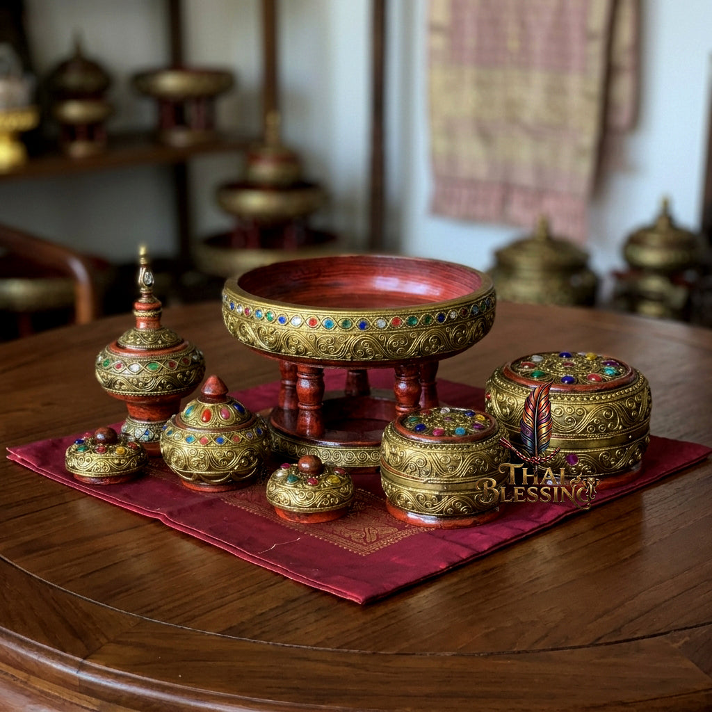 🔱 Handcrafted Traditional Thai Betel Nut Pedestal Set – Featuring 10" Solid Khantoke Base & 3 Complementary Sacred Offering Jars – The Supreme Symbol of Hospitality, Auspicious Wisdom & Spiritual Merit!