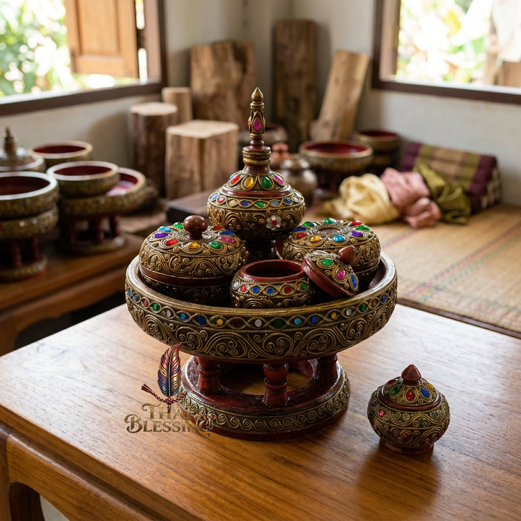 🔱 Handcrafted Traditional Thai Betel Nut Pedestal Set – Featuring 10" Solid Khantoke Base & 3 Complementary Sacred Offering Jars – The Supreme Symbol of Hospitality, Auspicious Wisdom & Spiritual Merit!