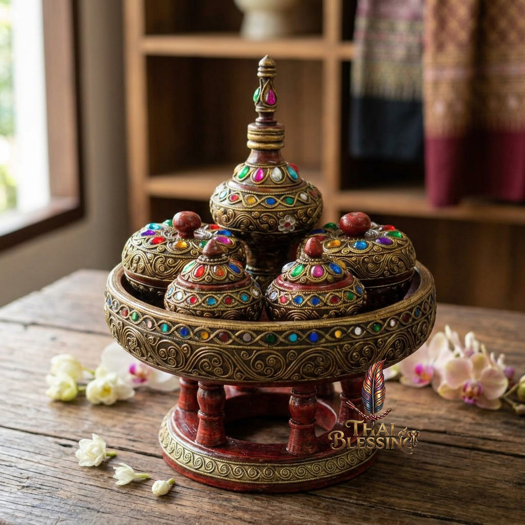 🔱 Handcrafted Traditional Thai Betel Nut Pedestal Set – Featuring 10" Solid Khantoke Base & 3 Complementary Sacred Offering Jars – The Supreme Symbol of Hospitality, Auspicious Wisdom & Spiritual Merit!
