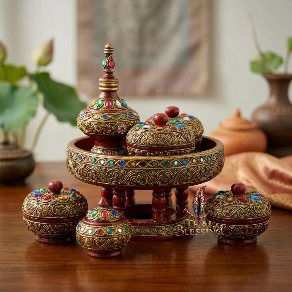 🔱 Handcrafted Traditional Thai Betel Nut Pedestal Set – Featuring 10" Solid Khantoke Base & 3 Complementary Sacred Offering Jars – The Supreme Symbol of Hospitality, Auspicious Wisdom & Spiritual Merit!