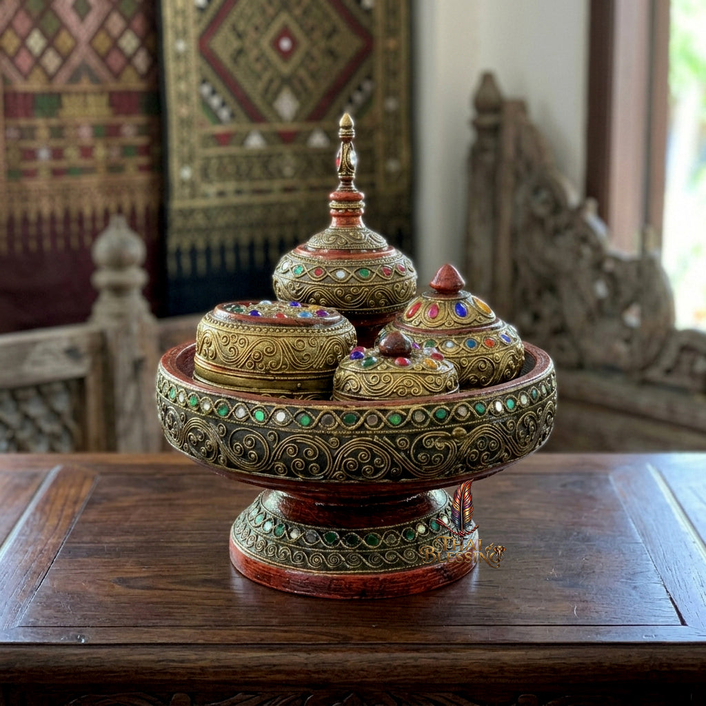 🔱 Handcrafted Traditional Thai Betel Nut Pedestal Set – Featuring 10" Solid Khantoke Base & 3 Complementary Sacred Offering Jars – The Supreme Symbol of Hospitality, Auspicious Wisdom & Spiritual Merit!