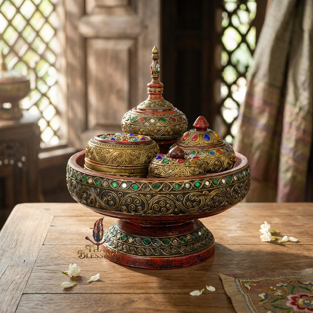 🔱 Handcrafted Traditional Thai Betel Nut Pedestal Set – Featuring 10" Solid Khantoke Base & 3 Complementary Sacred Offering Jars – The Supreme Symbol of Hospitality, Auspicious Wisdom & Spiritual Merit!