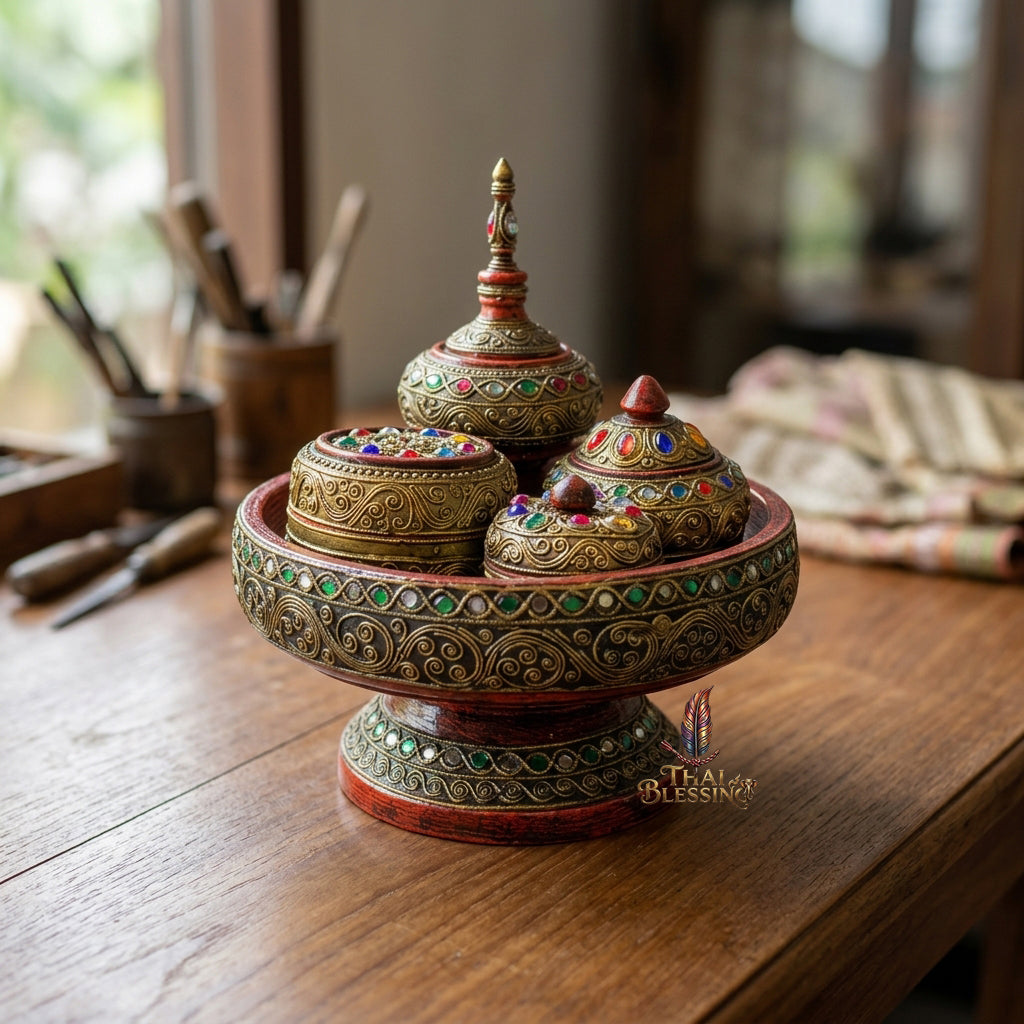 🔱 Handcrafted Traditional Thai Betel Nut Pedestal Set – Featuring 10" Solid Khantoke Base & 3 Complementary Sacred Offering Jars – The Supreme Symbol of Hospitality, Auspicious Wisdom & Spiritual Merit!