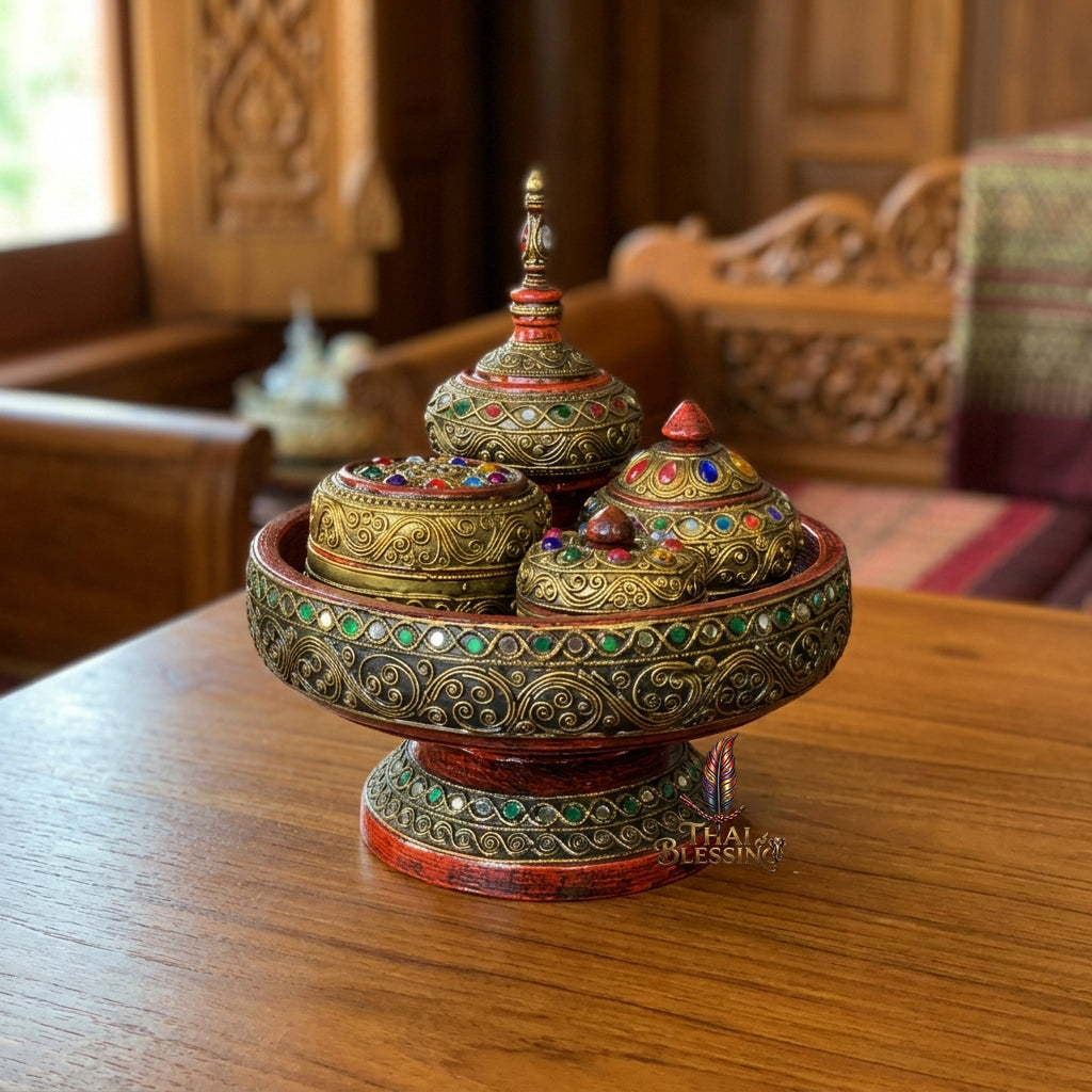 🔱 Handcrafted Traditional Thai Betel Nut Pedestal Set – Featuring 10" Solid Khantoke Base & 3 Complementary Sacred Offering Jars – The Supreme Symbol of Hospitality, Auspicious Wisdom & Spiritual Merit!