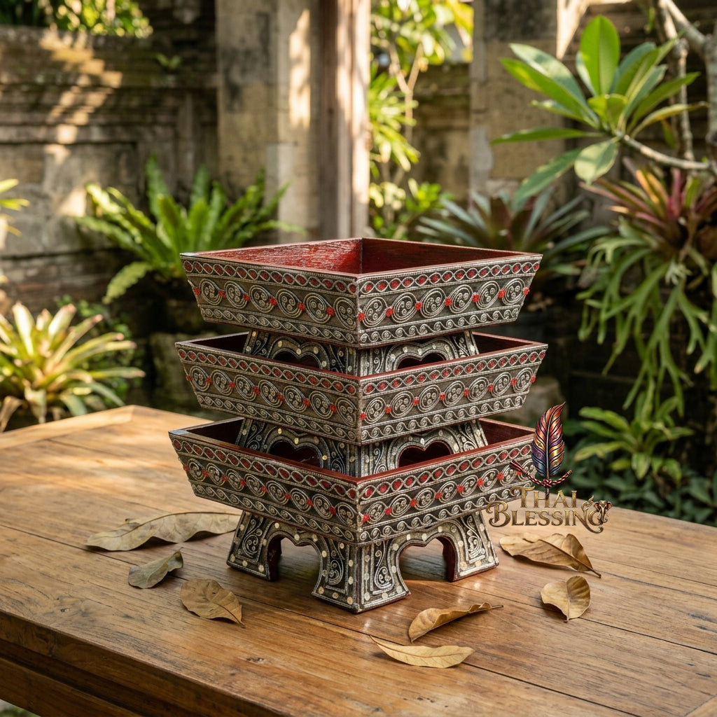 🔱 Handcrafted Traditional Thai Square Wooden Khantoke Series Authentic Hand-Carved Lanna Masterpiece!