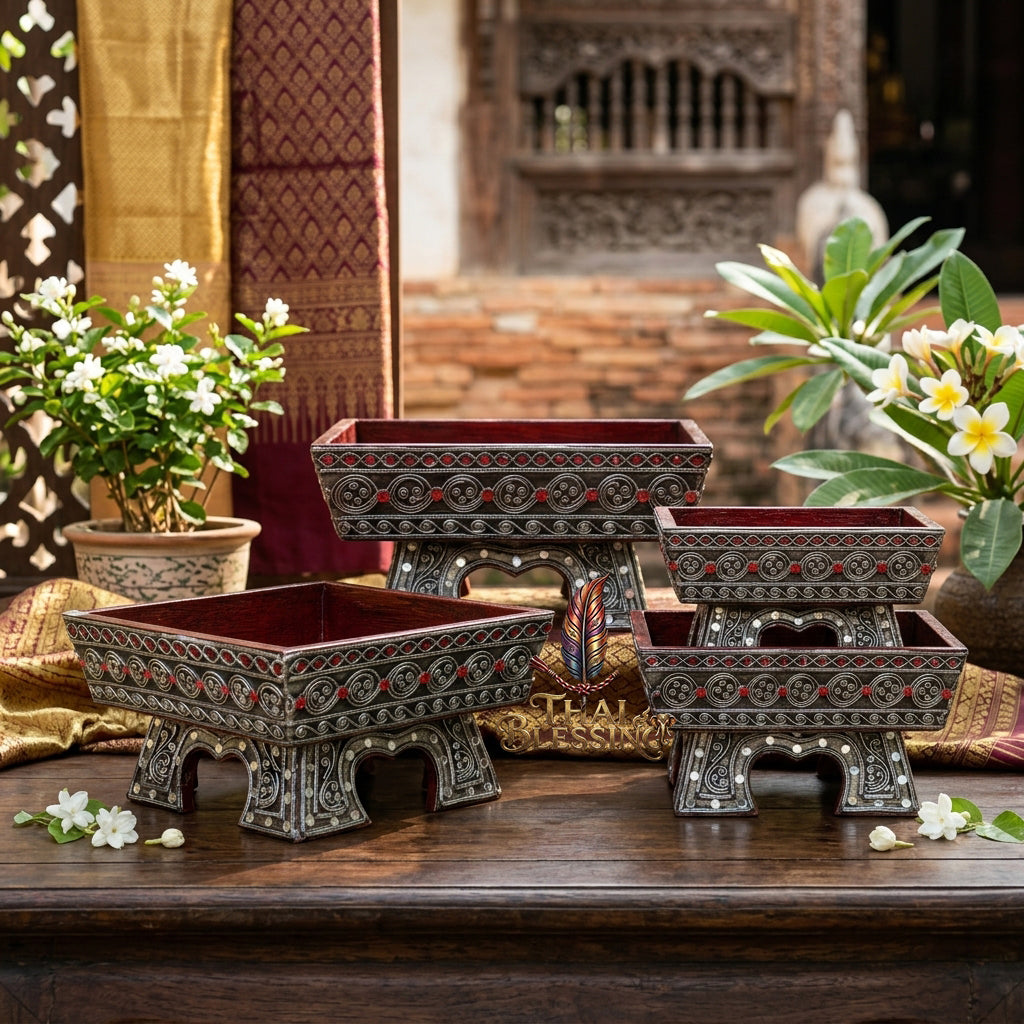 🔱 Handcrafted Traditional Thai Square Wooden Khantoke Series Authentic Hand-Carved Lanna Masterpiece!