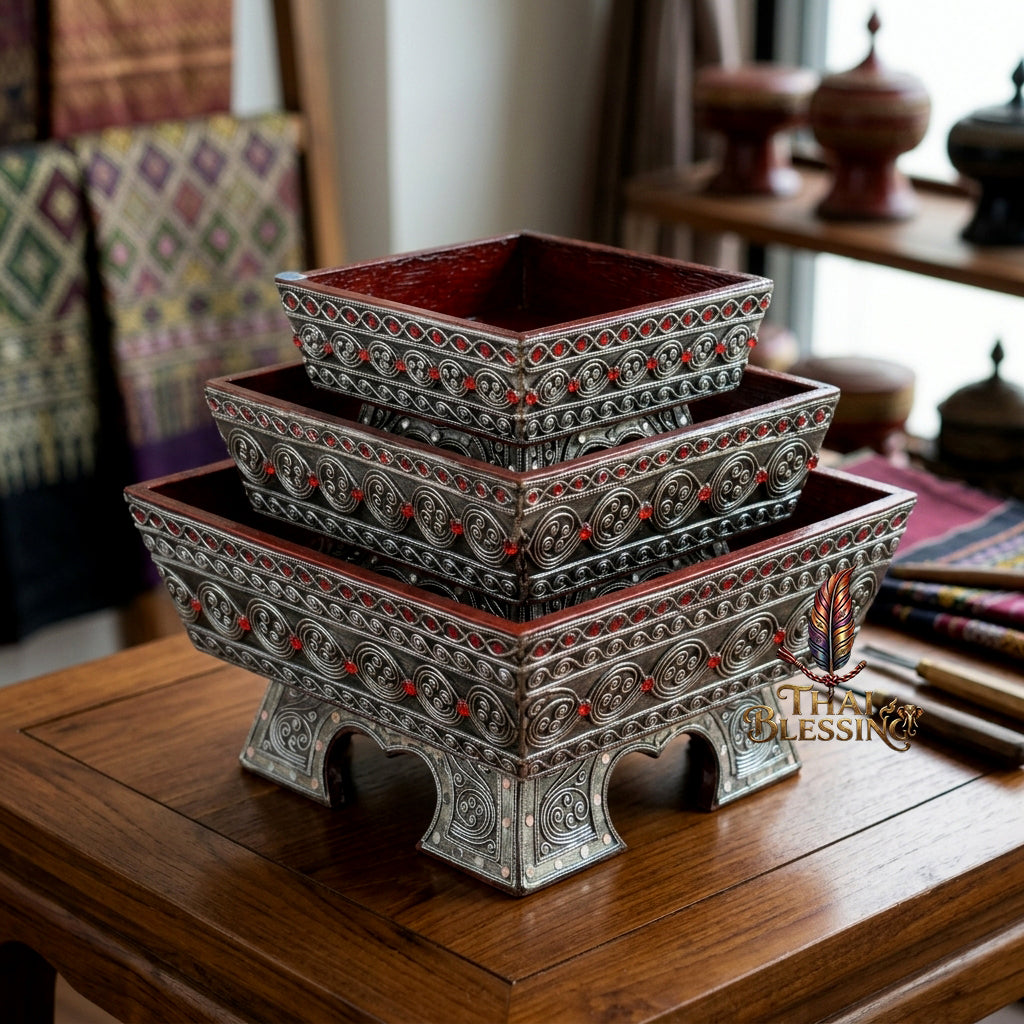 🔱 Handcrafted Traditional Thai Square Wooden Khantoke Series Authentic Hand-Carved Lanna Masterpiece!