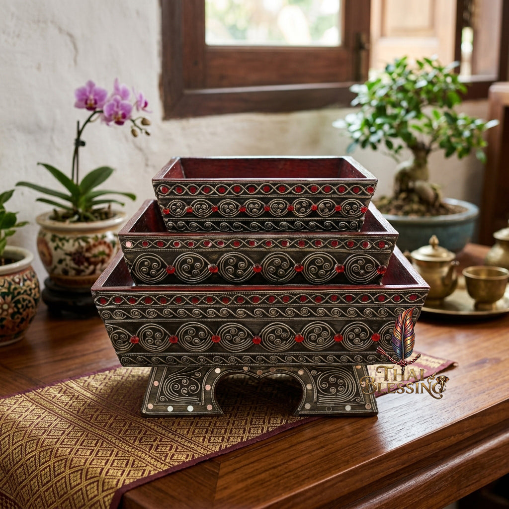 🔱 Handcrafted Traditional Thai Square Wooden Khantoke Series Authentic Hand-Carved Lanna Masterpiece!