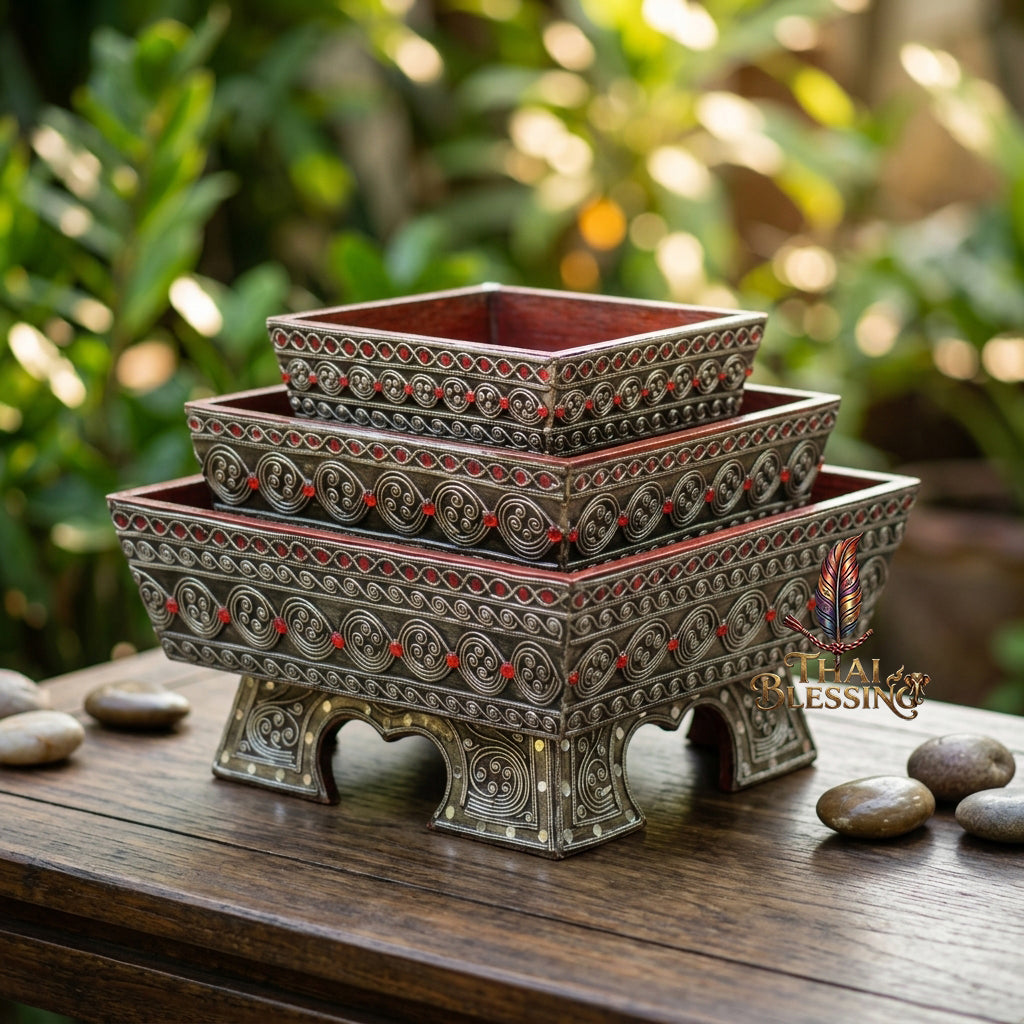 🔱 Handcrafted Traditional Thai Square Wooden Khantoke Series Authentic Hand-Carved Lanna Masterpiece!