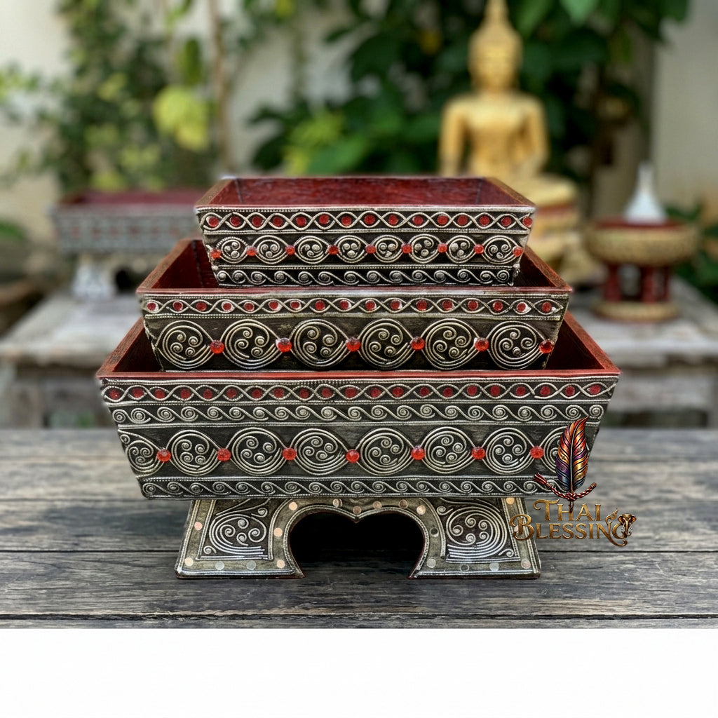 🔱 Handcrafted Traditional Thai Square Wooden Khantoke Series Authentic Hand-Carved Lanna Masterpiece!