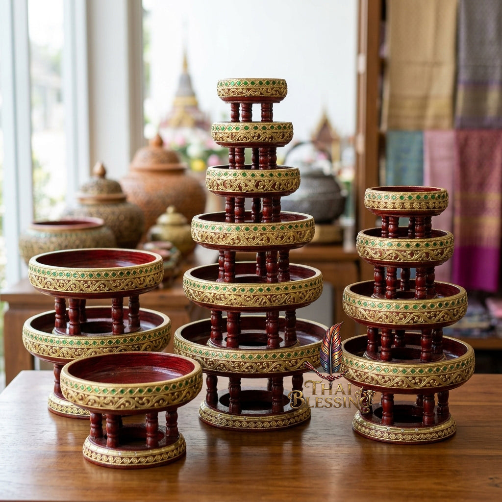 🔱 Handcrafted Traditional Thai Wooden Khantoke : High-Vibration Vintage Gold Finish & Colorful Glass Accents – Authentic Hand-Carved Royal Presentation Masterpiece!