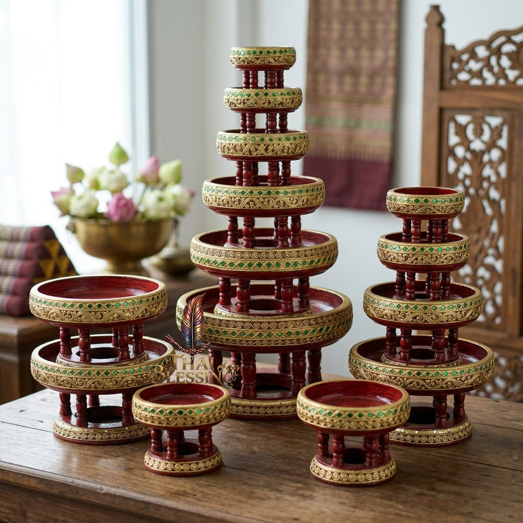 🔱 Handcrafted Traditional Thai Wooden Khantoke : High-Vibration Vintage Gold Finish & Colorful Glass Accents – Authentic Hand-Carved Royal Presentation Masterpiece!