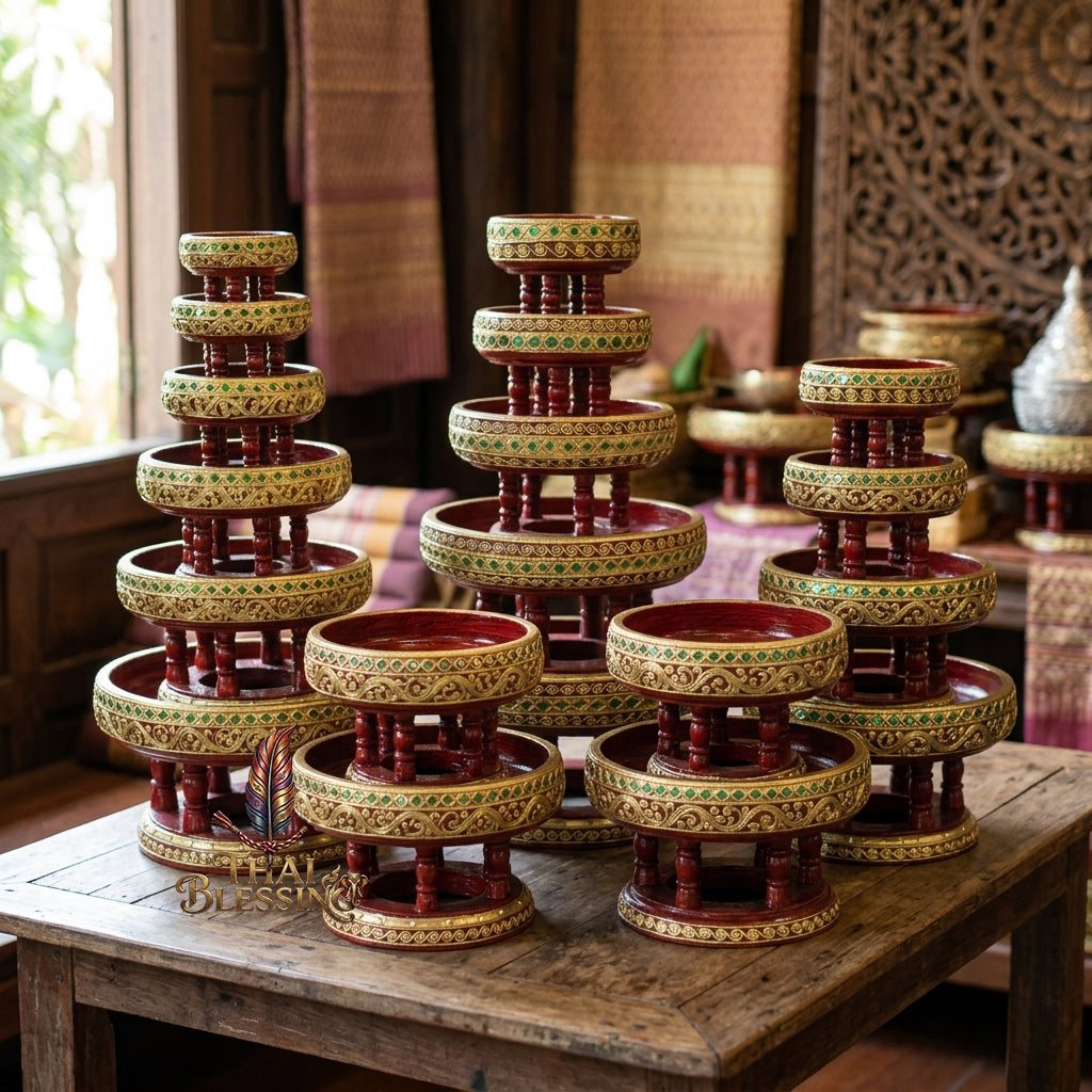 🔱 Handcrafted Traditional Thai Wooden Khantoke : High-Vibration Vintage Gold Finish & Colorful Glass Accents – Authentic Hand-Carved Royal Presentation Masterpiece!