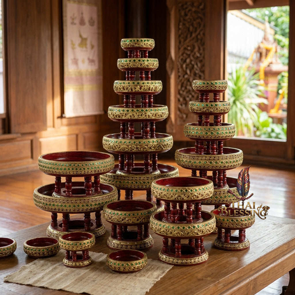 🔱 Handcrafted Traditional Thai Wooden Khantoke : High-Vibration Vintage Gold Finish & Colorful Glass Accents – Authentic Hand-Carved Royal Presentation Masterpiece!