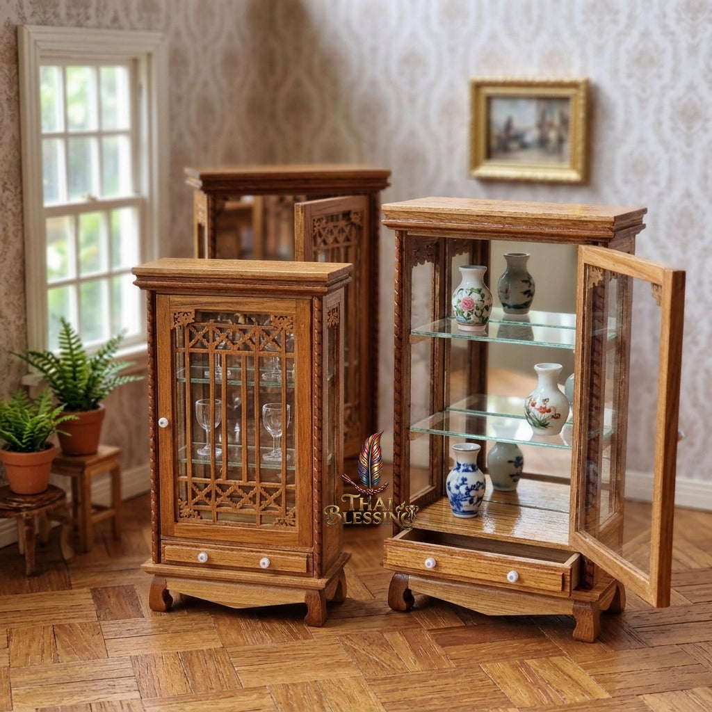 🔱 Handcrafted Miniature Antique Rectangular Flat Golden Teakwood Thai Pattern Showcase: Single-Door Access – Integrated Lower Structural Drawer – Premium Insect-Resistant Solid Teak Masterpiece!