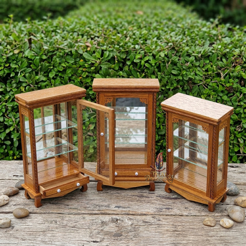 🔱 Handcrafted Miniature Antique Rectangular Flat Golden Teakwood Thai Pattern Showcase: Single-Door Access – Integrated Lower Structural Drawer – Premium Insect-Resistant Solid Teak Masterpiece!