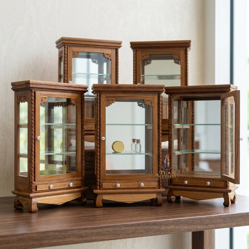 🔱 Handcrafted Miniature Antique Rectangular Flat Golden Teakwood Thai Pattern Showcase: Single-Door Access – Integrated Lower Structural Drawer – Premium Insect-Resistant Solid Teak Masterpiece!