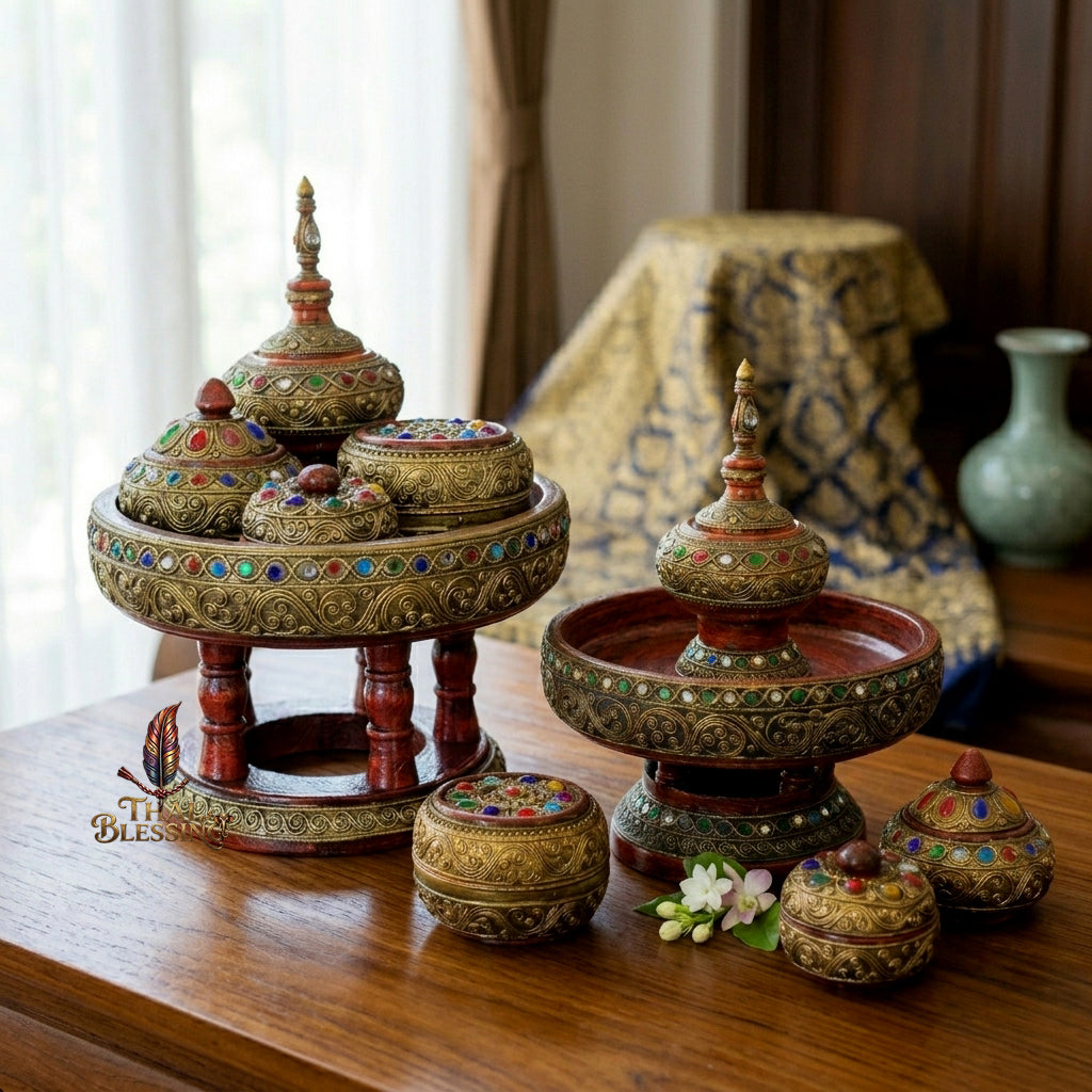 🔱 Handcrafted Traditional Thai Betel Nut Pedestal Set – Featuring 10" Solid Khantoke Base & 3 Complementary Sacred Offering Jars – The Supreme Symbol of Hospitality, Auspicious Wisdom & Spiritual Merit!