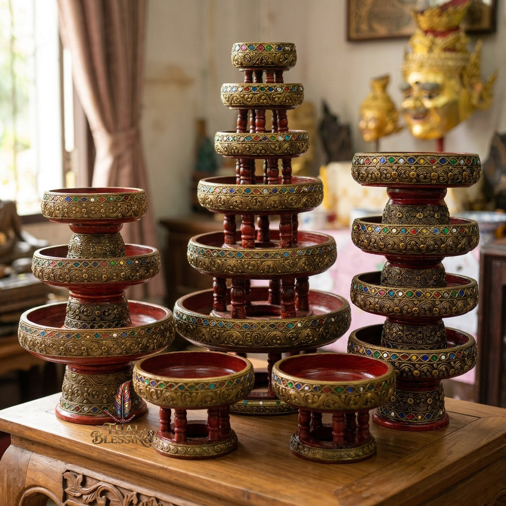 🔱 Handcrafted Traditional Thai Wooden Khantoke : High-Vibration Vintage Gold Finish & Colorful Glass Accents – Authentic Hand-Carved Royal Presentation Masterpiece!