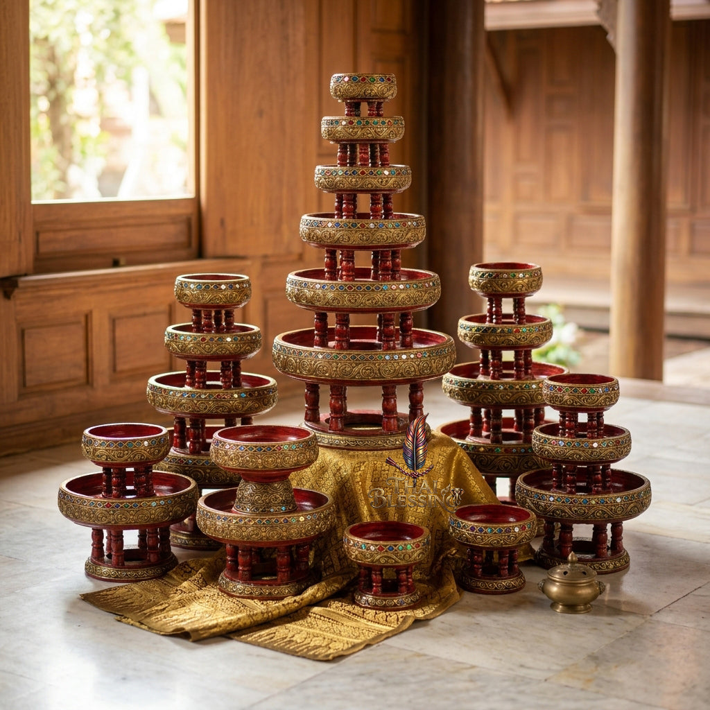 🔱 Handcrafted Traditional Thai Wooden Khantoke : High-Vibration Vintage Gold Finish & Colorful Glass Accents – Authentic Hand-Carved Royal Presentation Masterpiece!