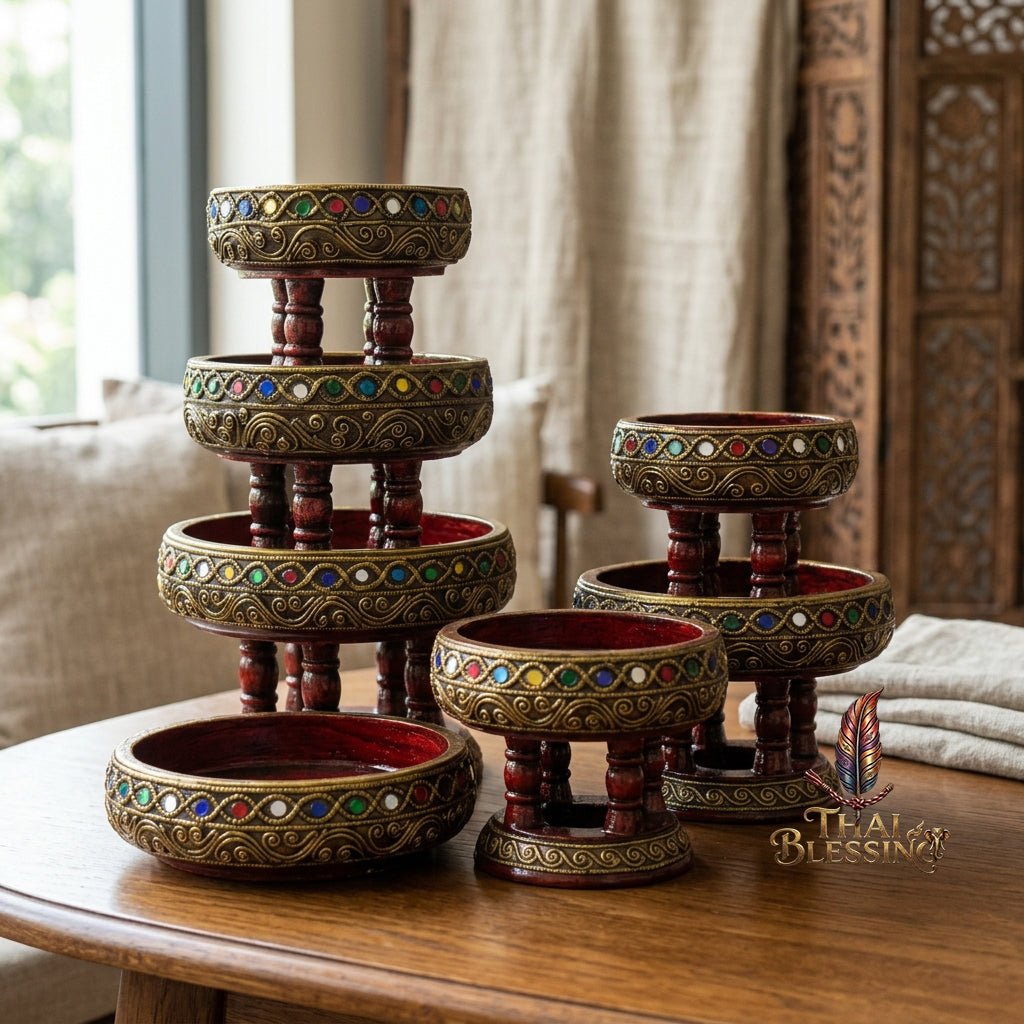 🔱 Handcrafted Traditional Thai Wooden Khantoke : High-Vibration Vintage Gold Finish & Colorful Glass Accents – Authentic Hand-Carved Royal Presentation Masterpiece!