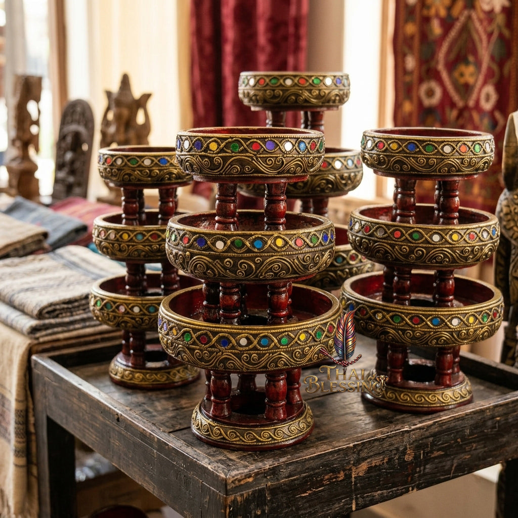 🔱 Handcrafted Traditional Thai Wooden Khantoke : High-Vibration Vintage Gold Finish & Colorful Glass Accents – Authentic Hand-Carved Royal Presentation Masterpiece!