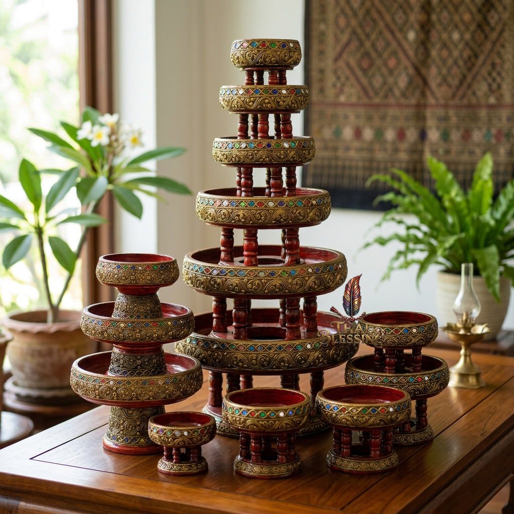 🔱 Handcrafted Traditional Thai Wooden Khantoke : High-Vibration Vintage Gold Finish & Colorful Glass Accents – Authentic Hand-Carved Royal Presentation Masterpiece!