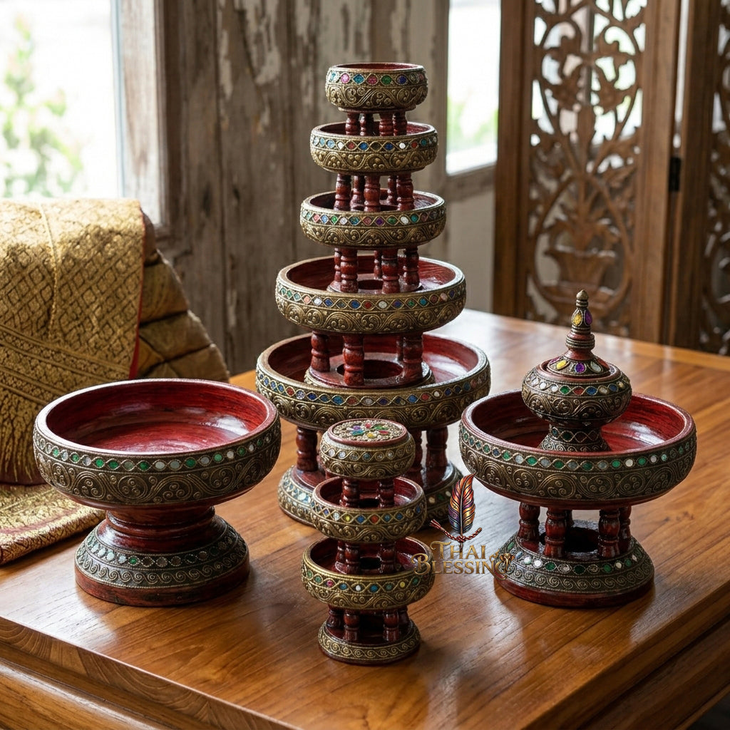🔱 Handcrafted Traditional Thai Wooden Khantoke : High-Vibration Vintage Gold Finish & Colorful Glass Accents – Authentic Hand-Carved Royal Presentation Masterpiece!