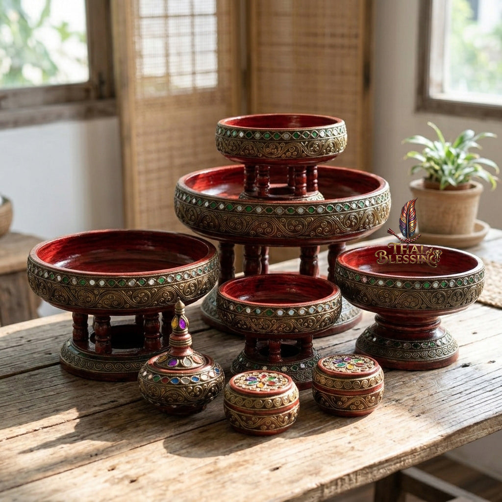 🔱 Handcrafted Traditional Thai Wooden Khantoke : High-Vibration Vintage Gold Finish & Colorful Glass Accents – Authentic Hand-Carved Royal Presentation Masterpiece!
