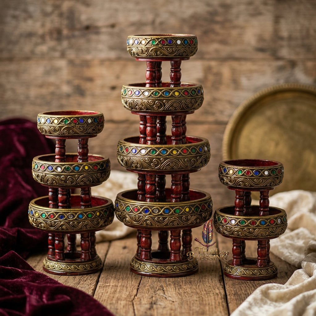 🔱 Handcrafted Traditional Thai Wooden Khantoke : High-Vibration Vintage Gold Finish & Colorful Glass Accents – Authentic Hand-Carved Royal Presentation Masterpiece!