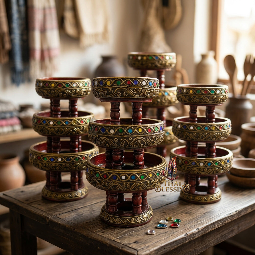 🔱 Handcrafted Traditional Thai Wooden Khantoke : High-Vibration Vintage Gold Finish & Colorful Glass Accents – Authentic Hand-Carved Royal Presentation Masterpiece!
