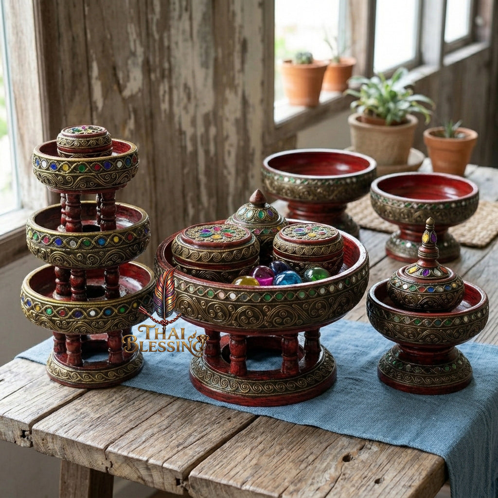 🔱 Handcrafted Traditional Thai Wooden Khantoke : High-Vibration Vintage Gold Finish & Colorful Glass Accents – Authentic Hand-Carved Royal Presentation Masterpiece!
