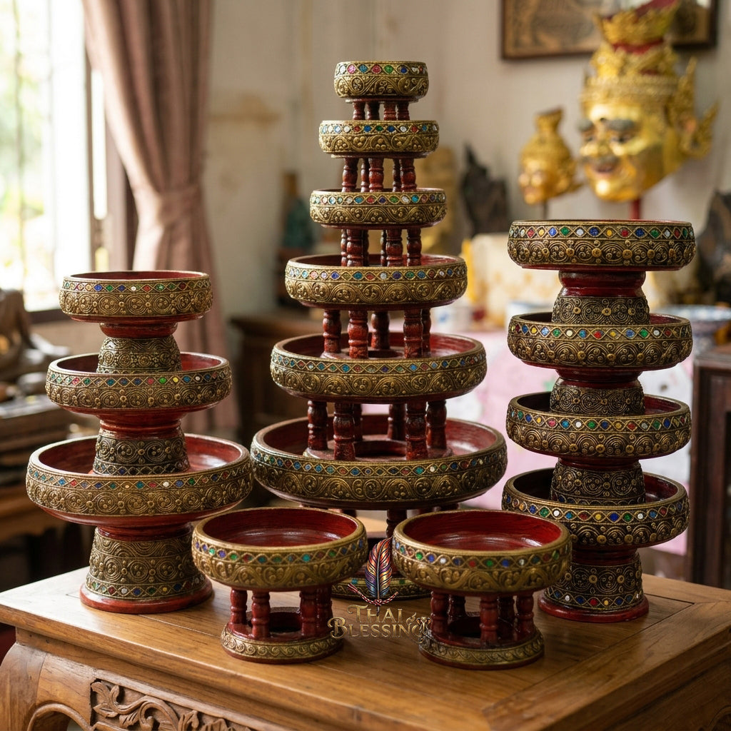 🔱 Handcrafted Traditional Thai Wooden Khantoke : High-Vibration Vintage Gold Finish & Colorful Glass Accents – Authentic Hand-Carved Royal Presentation Masterpiece!