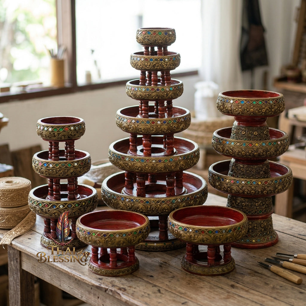 🔱 Handcrafted Traditional Thai Wooden Khantoke : High-Vibration Vintage Gold Finish & Colorful Glass Accents – Authentic Hand-Carved Royal Presentation Masterpiece!