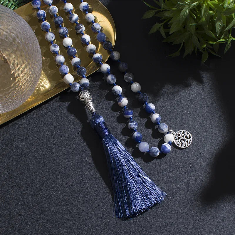 💙 Natural Flower Blue Sodalite Hand-Knotted 108 Mala Beads: The Stone of Truth & Inner Peace – Throat Chakra Healing Meditation Necklace & Yoga Rosary