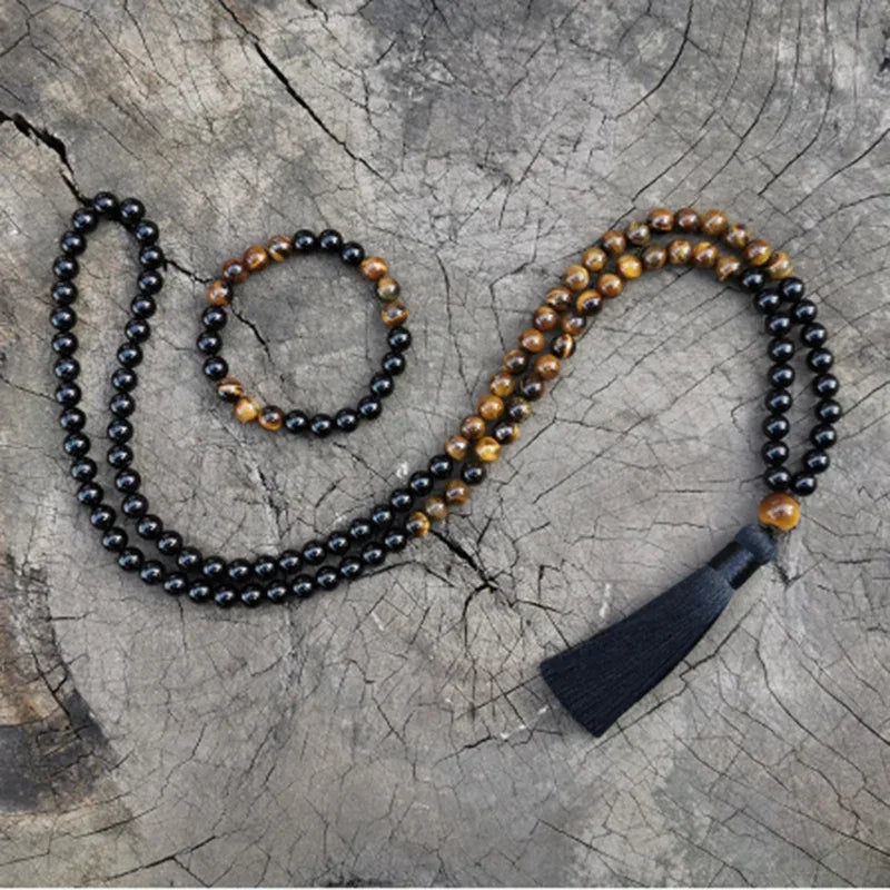 🐅 The "Grounded Warrior" Set: Tiger’s Eye & Black Onyx 108 Mala Necklace + Bracelet