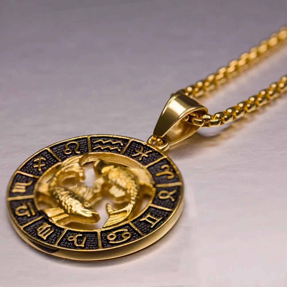 ♌♏ Zodiac Sign Leo Scorpio Pendant Necklace – Gold Color Stainless Steel Round 12 Constellation Design Unisex Astrology Jewelry Stylish Gift for Women and Men