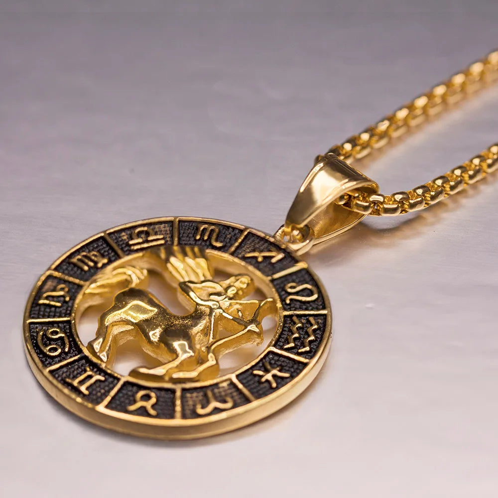♌♏ Zodiac Sign Leo Scorpio Pendant Necklace – Gold Color Stainless Steel Round 12 Constellation Design Unisex Astrology Jewelry Stylish Gift for Women and Men