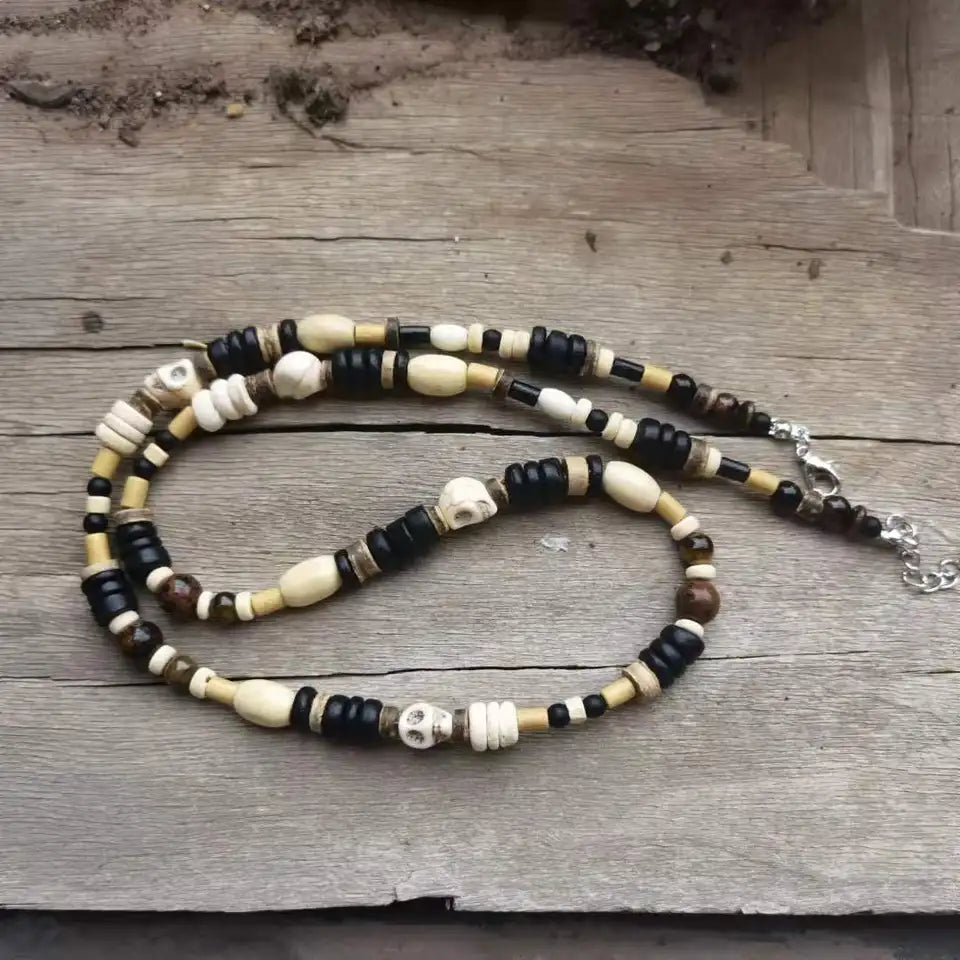 ✨ Men’s Garnet & Tiger’s Eye Skull Beaded Necklace – Bold Spiritual Jewelry for Strength & Protection