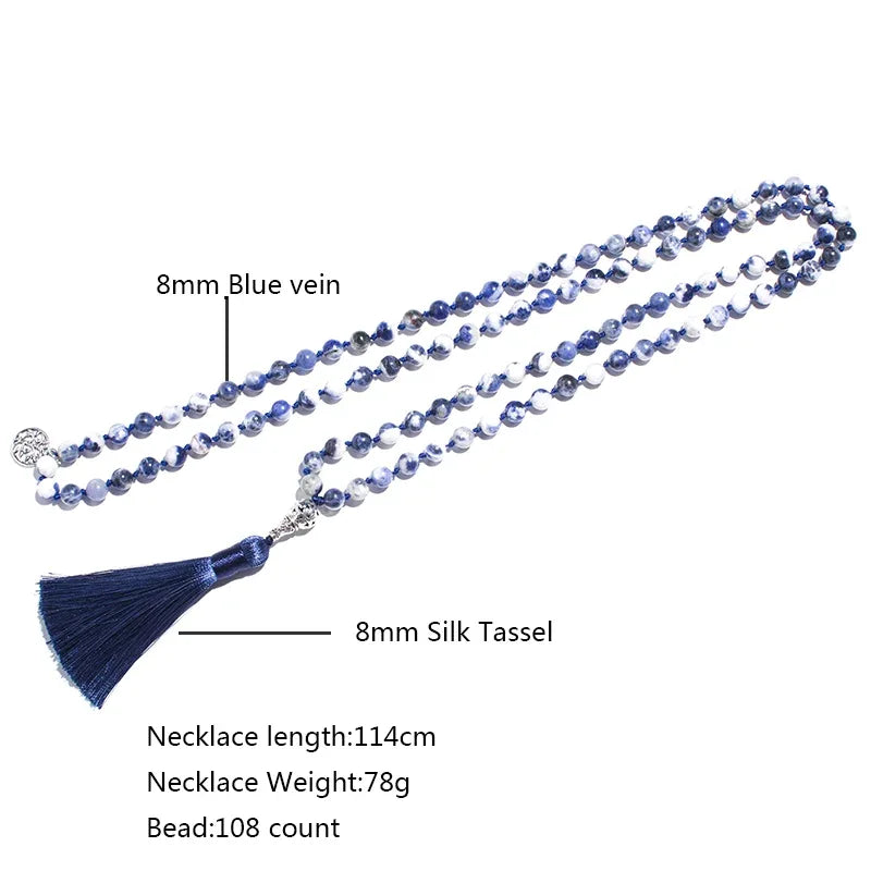 💙 Natural Flower Blue Sodalite Hand-Knotted 108 Mala Beads: The Stone of Truth & Inner Peace – Throat Chakra Healing Meditation Necklace & Yoga Rosary