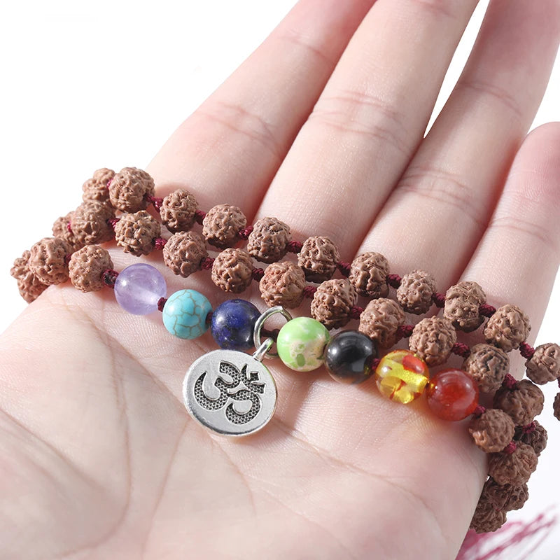 🕉️ Authentic Rudraksha & 7 Chakra Mala: 108 Bead Knotted Necklace with OM Pendant – Sacred "Tears of Shiva" Prayer Rosary for Meditation & Yoga