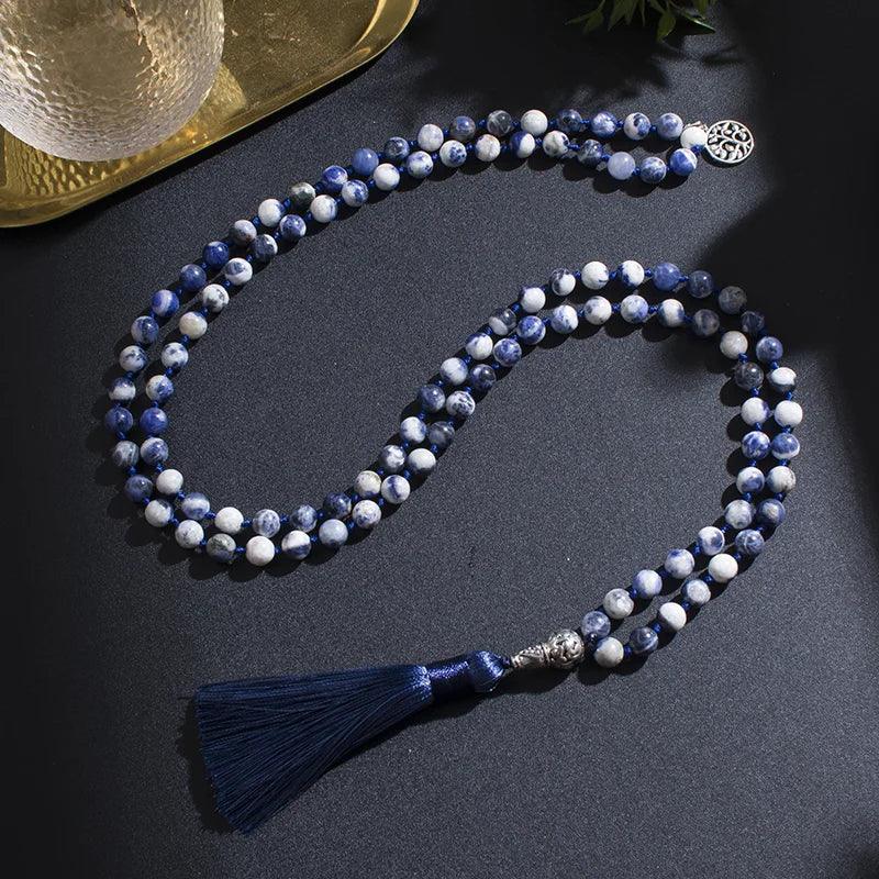 💙 Natural Flower Blue Sodalite Hand-Knotted 108 Mala Beads: The Stone of Truth & Inner Peace – Throat Chakra Healing Meditation Necklace & Yoga Rosary