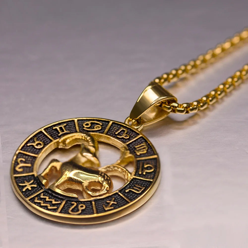 ♌♏ Zodiac Sign Leo Scorpio Pendant Necklace – Gold Color Stainless Steel Round 12 Constellation Design Unisex Astrology Jewelry Stylish Gift for Women and Men