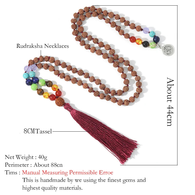 🕉️ Authentic Rudraksha & 7 Chakra Mala: 108 Bead Knotted Necklace with OM Pendant – Sacred "Tears of Shiva" Prayer Rosary for Meditation & Yoga