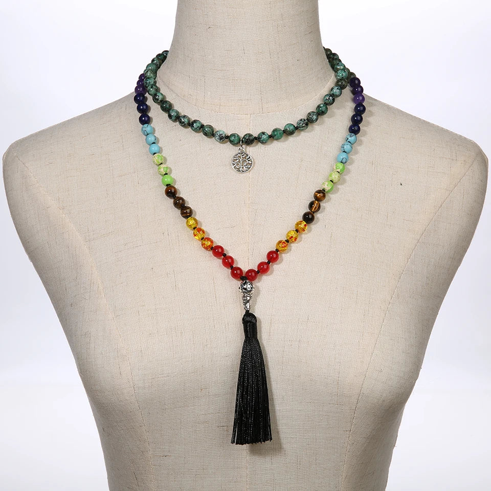 🌟African Turquoise "Evolution & Balance" 108 Mala – 8mm Knotted 7 Chakra Prayer Beads for Transformation &amp; Inner Peace 🧘♂️✨