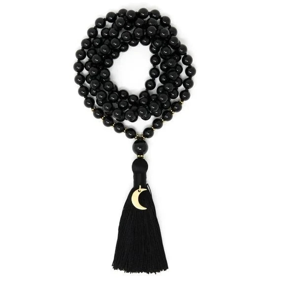 ✨ Black Tourmaline Moon Mala Beads – Knotted Japa Mala with 108 Buddhist Prayer Beads for Protection and Spiritual Growth