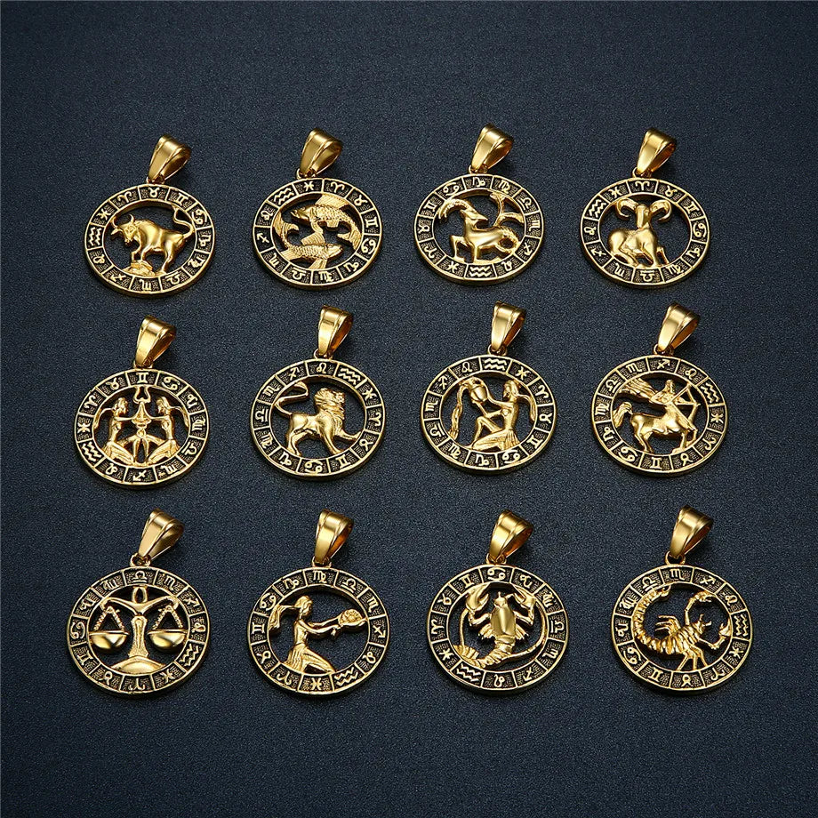 ♌♏ Zodiac Sign Leo Scorpio Pendant Necklace – Gold Color Stainless Steel Round 12 Constellation Design Unisex Astrology Jewelry Stylish Gift for Women and Men