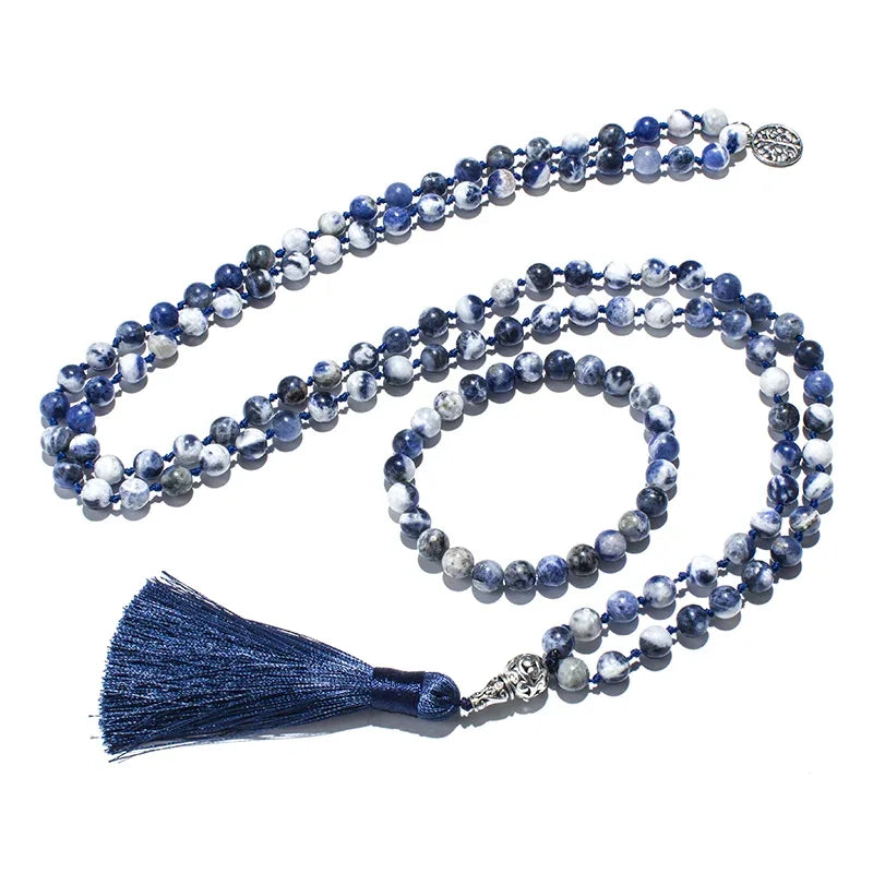 💙 Natural Flower Blue Sodalite Hand-Knotted 108 Mala Beads: The Stone of Truth & Inner Peace – Throat Chakra Healing Meditation Necklace & Yoga Rosary Set