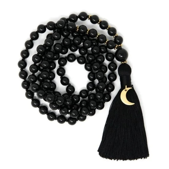 ✨ Black Tourmaline Moon Mala Beads – Knotted Japa Mala with 108 Buddhist Prayer Beads for Protection and Spiritual Growth